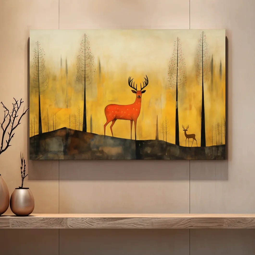 Quirky illustration art of a deer in the forest, whimsical animal artwork