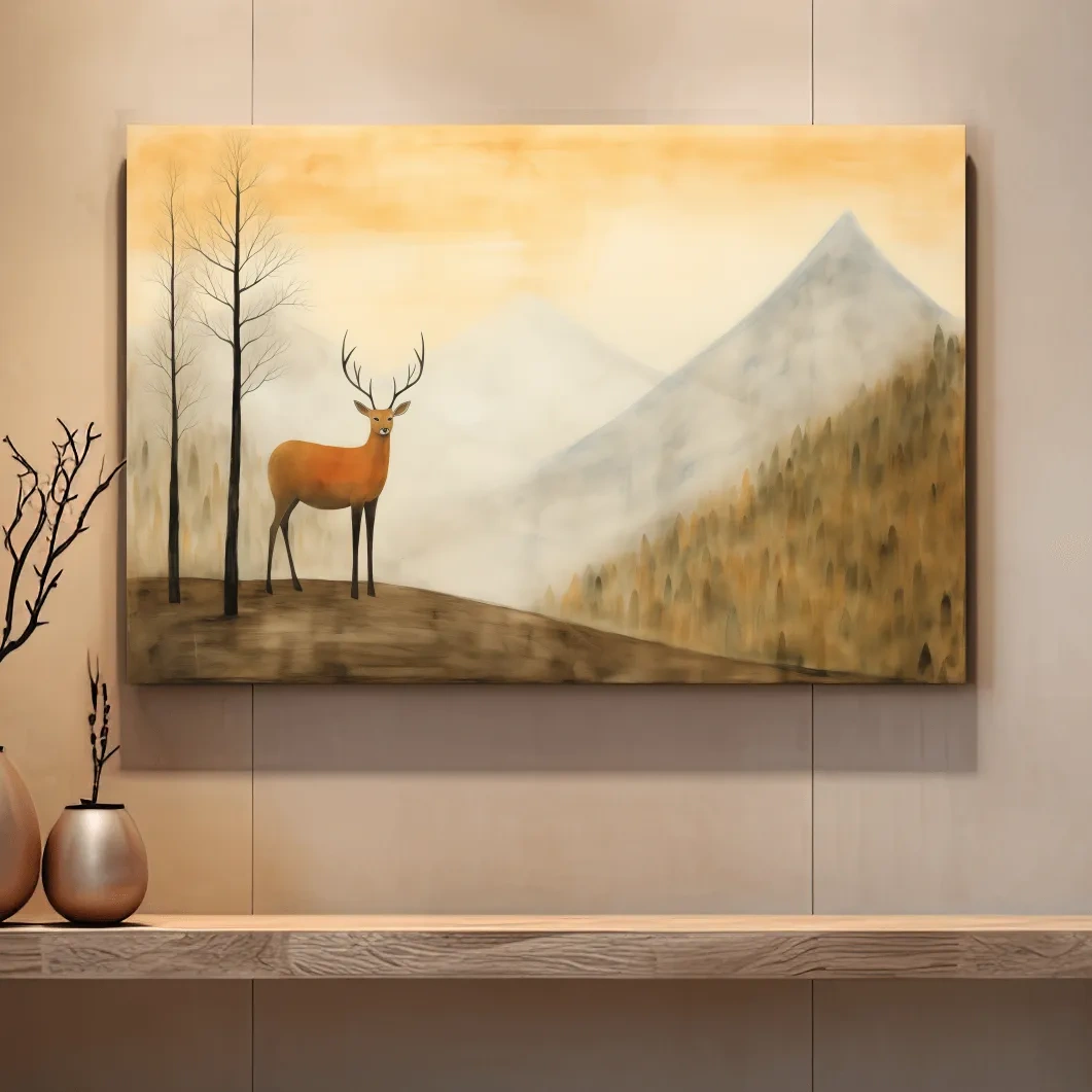 Deer standing in mountain mist, serene landscape wall artwork