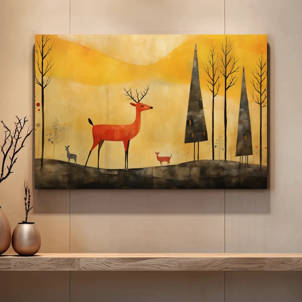 Red deer in an autumn forest landscape, quirky painting artwork