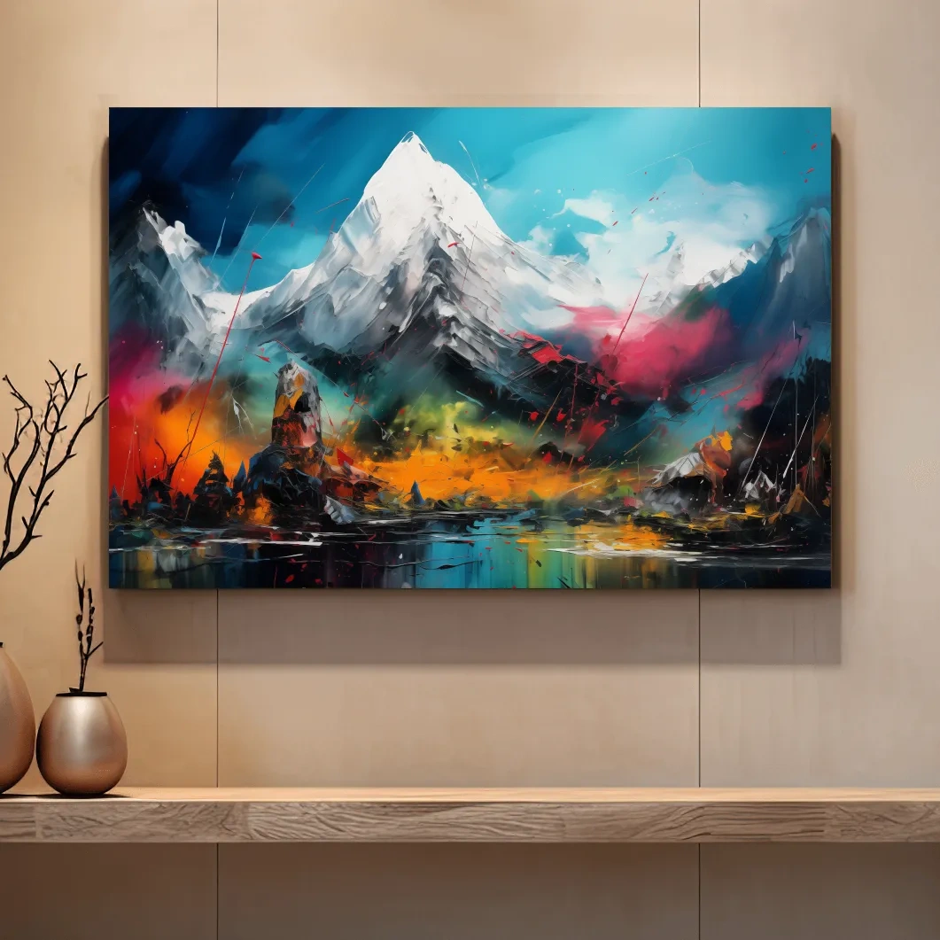Abstract vibrant mountain wall art, impasto painting effect