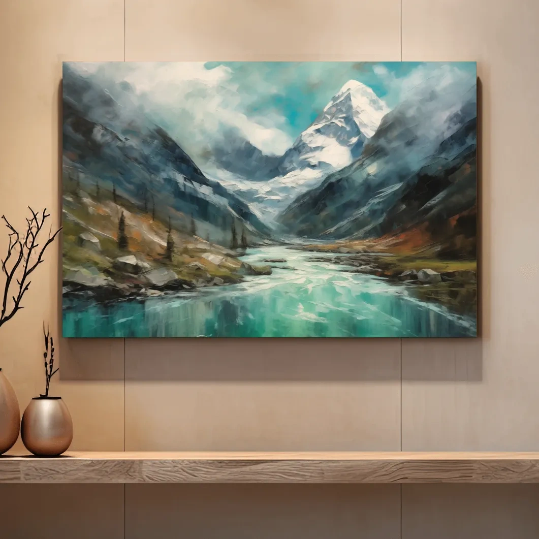 Impressionist style painting of alpine meadows, glacier and lake