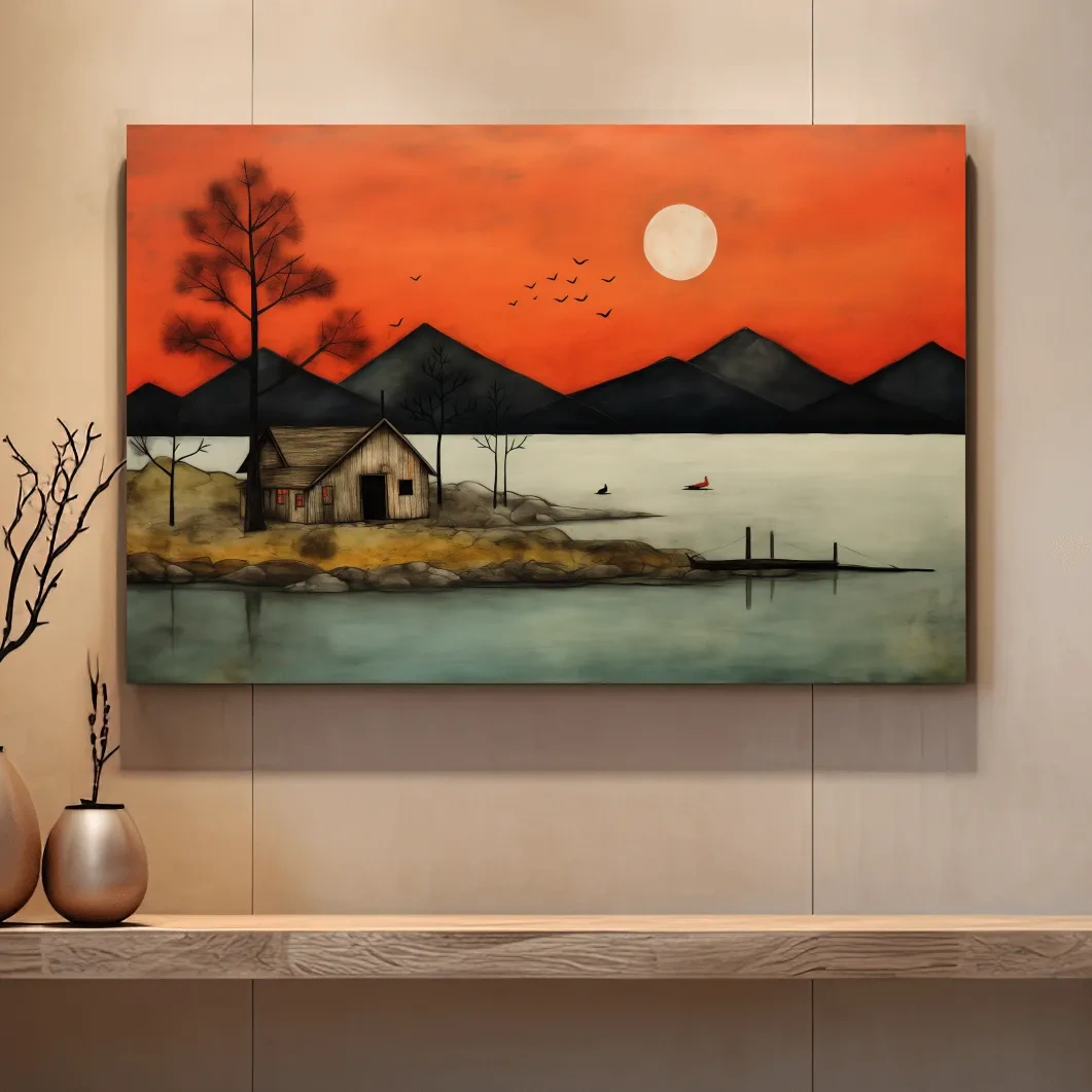 Rustic lakeside cabin art at sunset, textured effect wall art painting