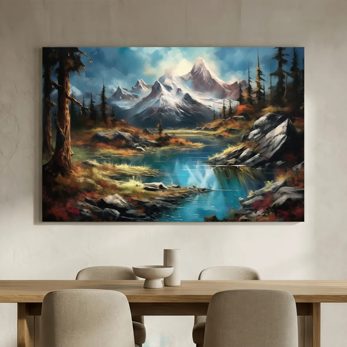 Alpine Lake And Snowcapped Peaks - Dramatic Landscape Painting Wall Art