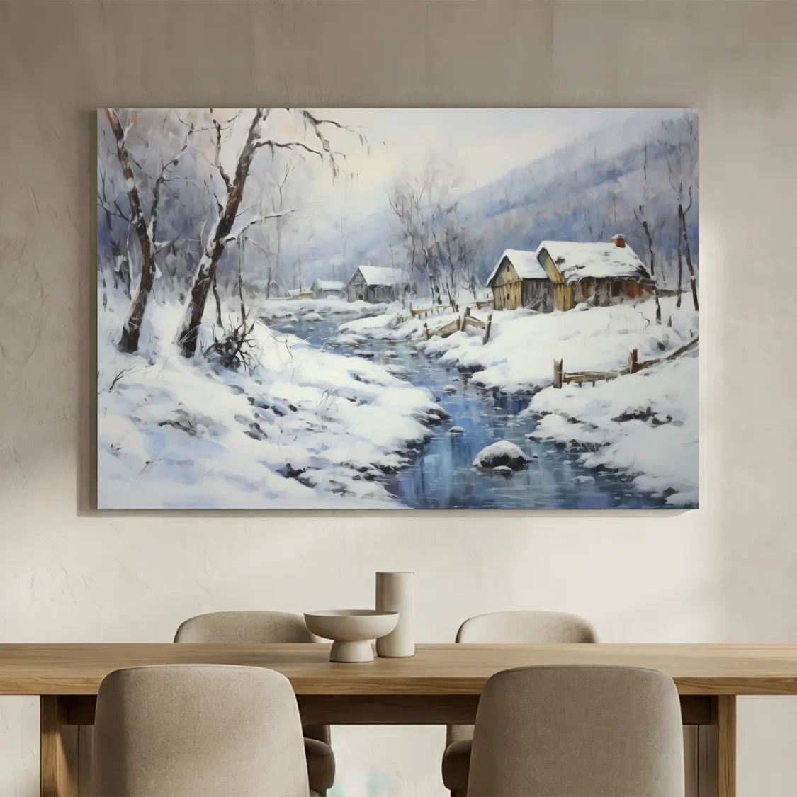 Snowy Winter Cabin Stream Landscape - Serene Rustic Wall Art