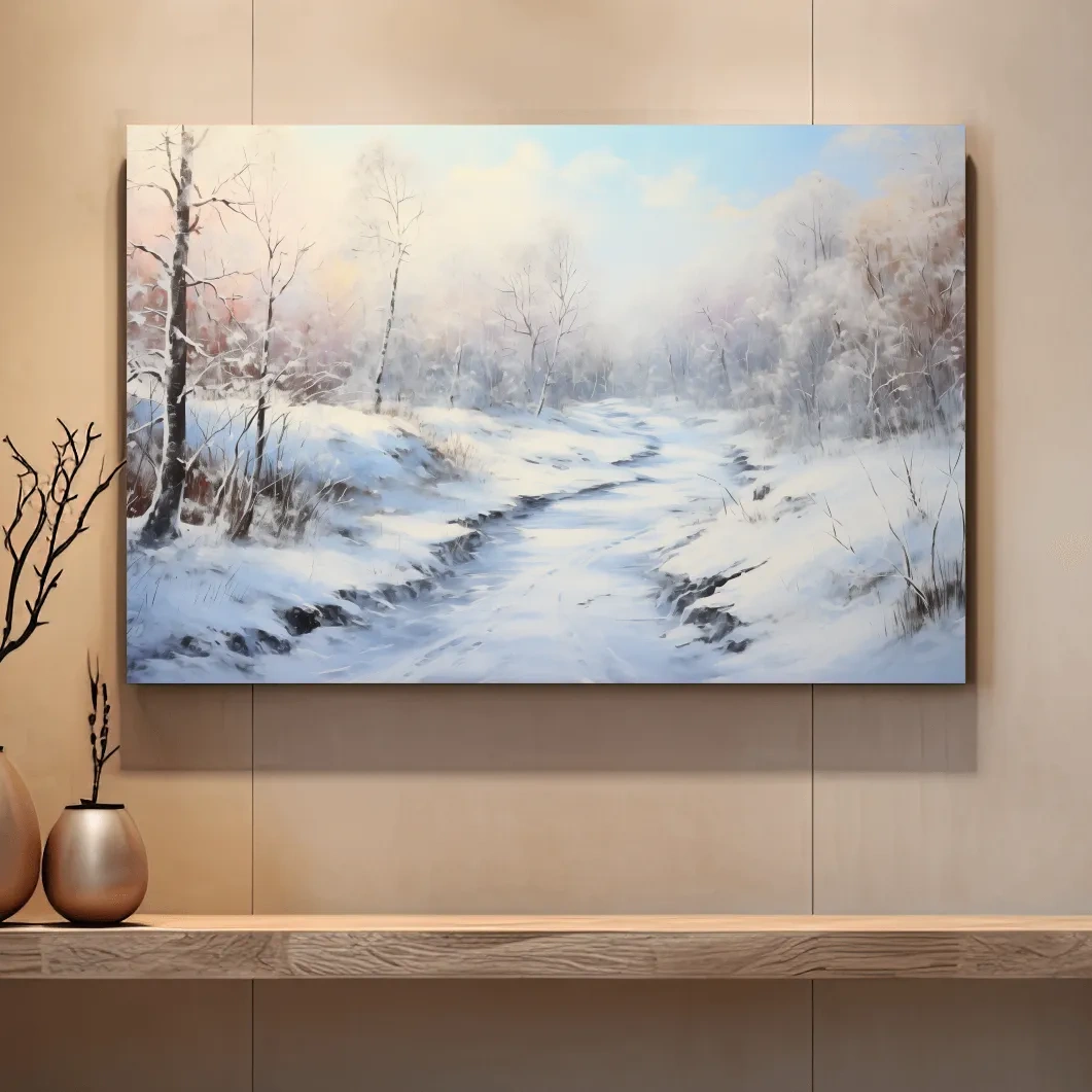 Winter landscape artwork, serene snowy forest path with soft pastel sky