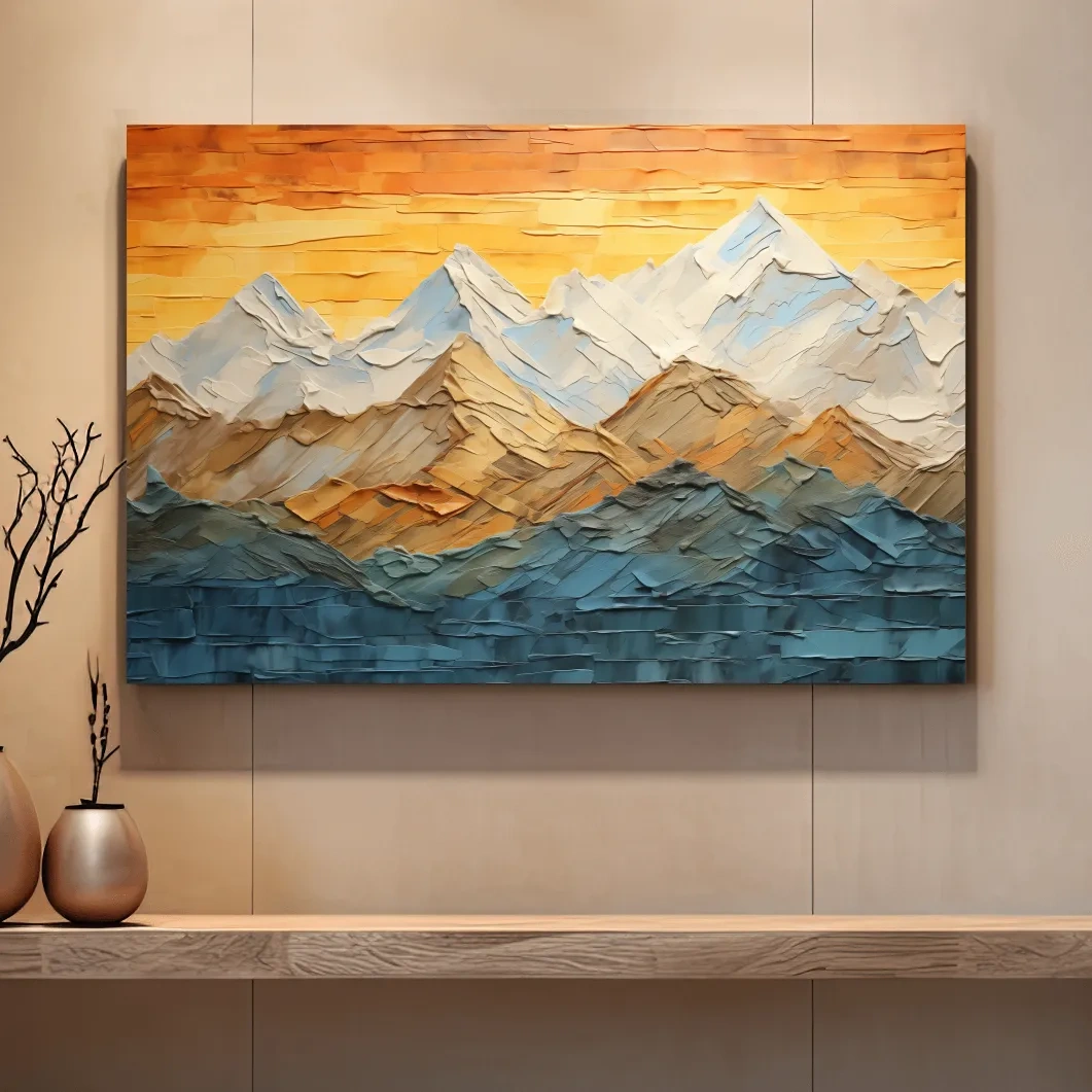 Glacier sunset mountain art, textured pallet knife painting effect