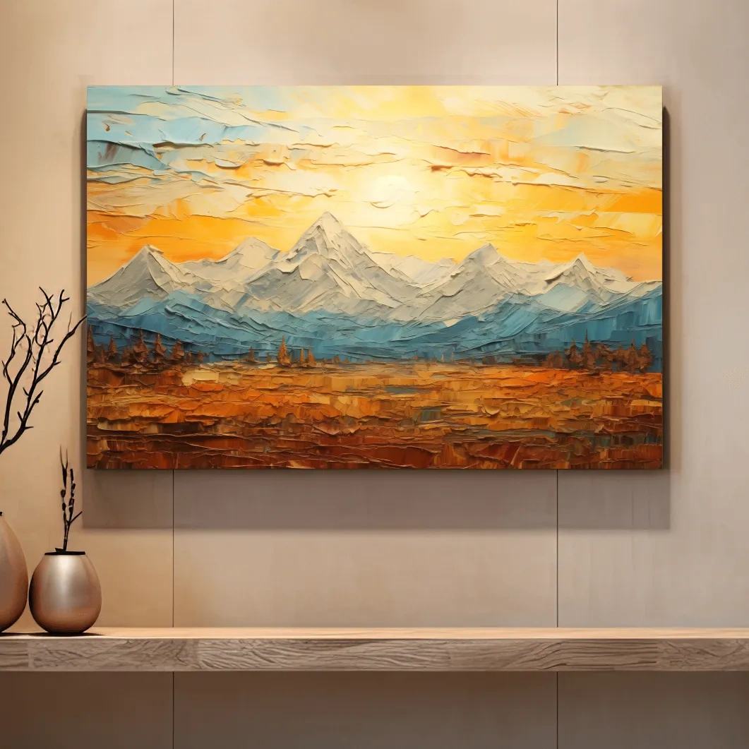 Glacier sunset mountain painting artwork, textured impasto effect