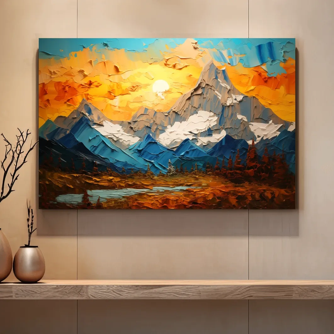 Colorful sunset mountain art, thick textured palette knife painting effect print