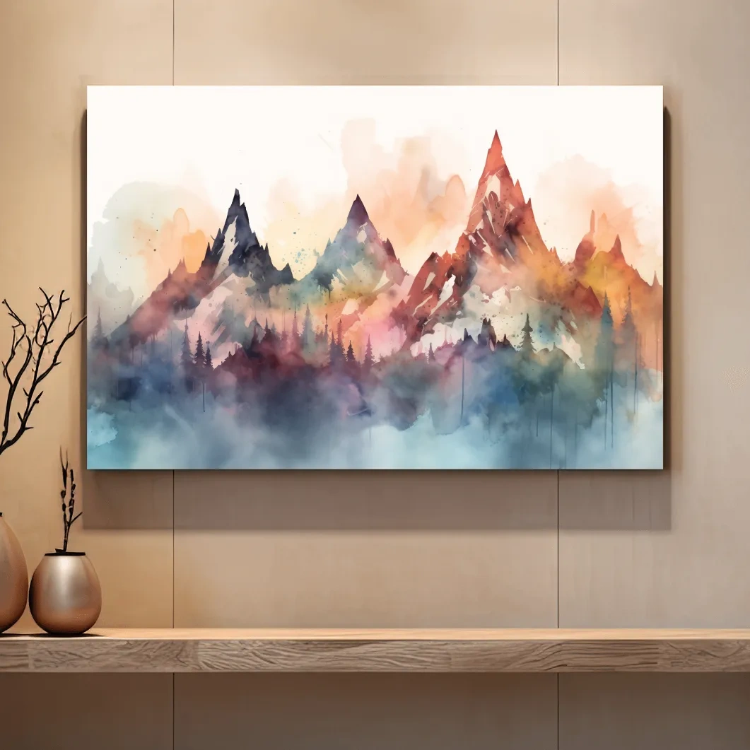 Colorful watercolor mountain wall art, serene misty landscape painting