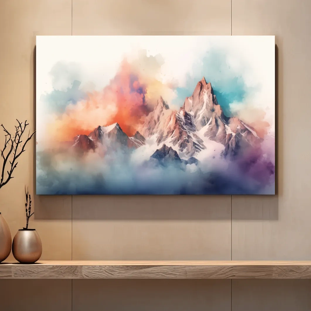 Vibrant Watercolor Alpine Mountain Peaks - Colorful Misty Artwork