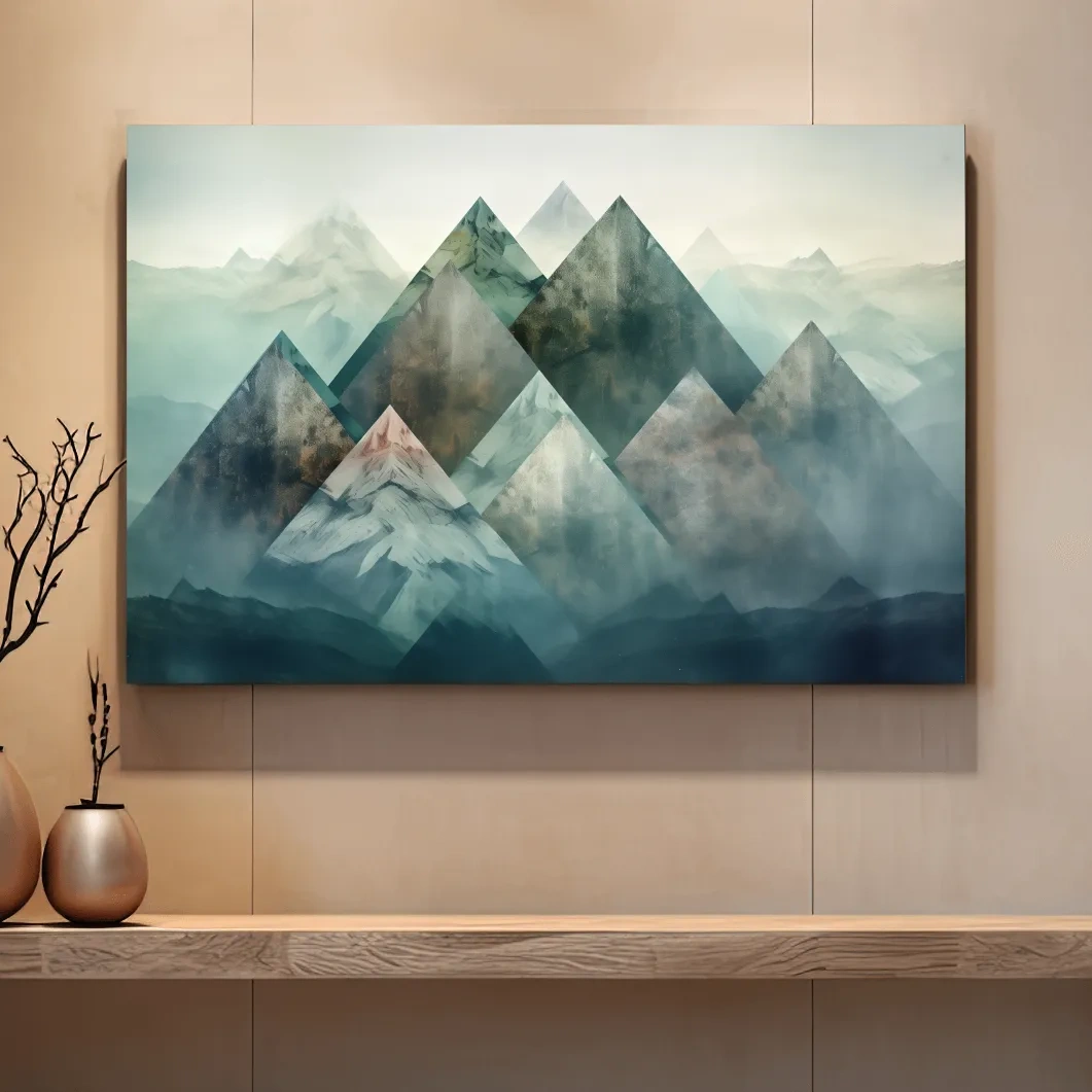 Geometric Misty Mountain Peaks - Mystical Abstract Alpine Wall Art