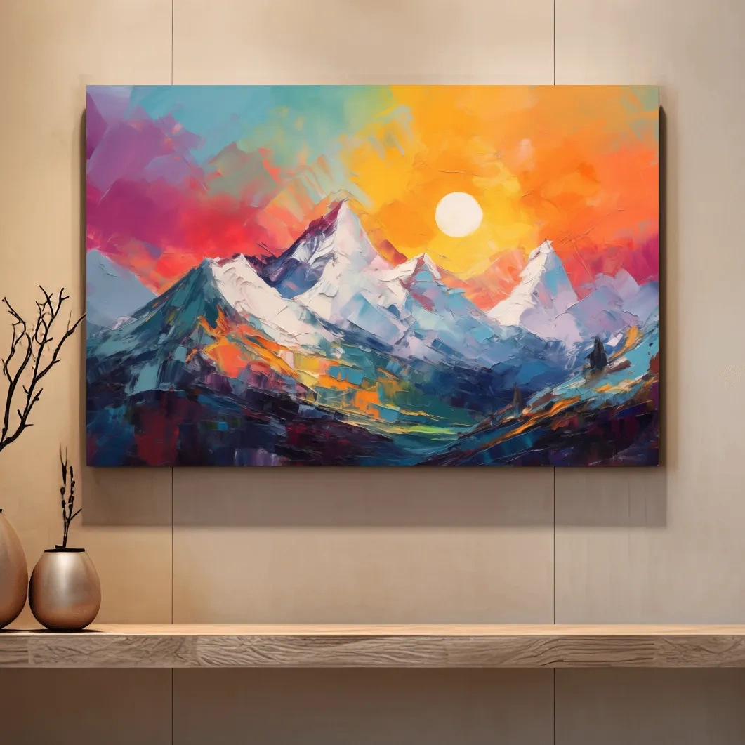 Vibrant Impasto Mountain Sunset Painting - Colorful Abstract Alpine Wall Art