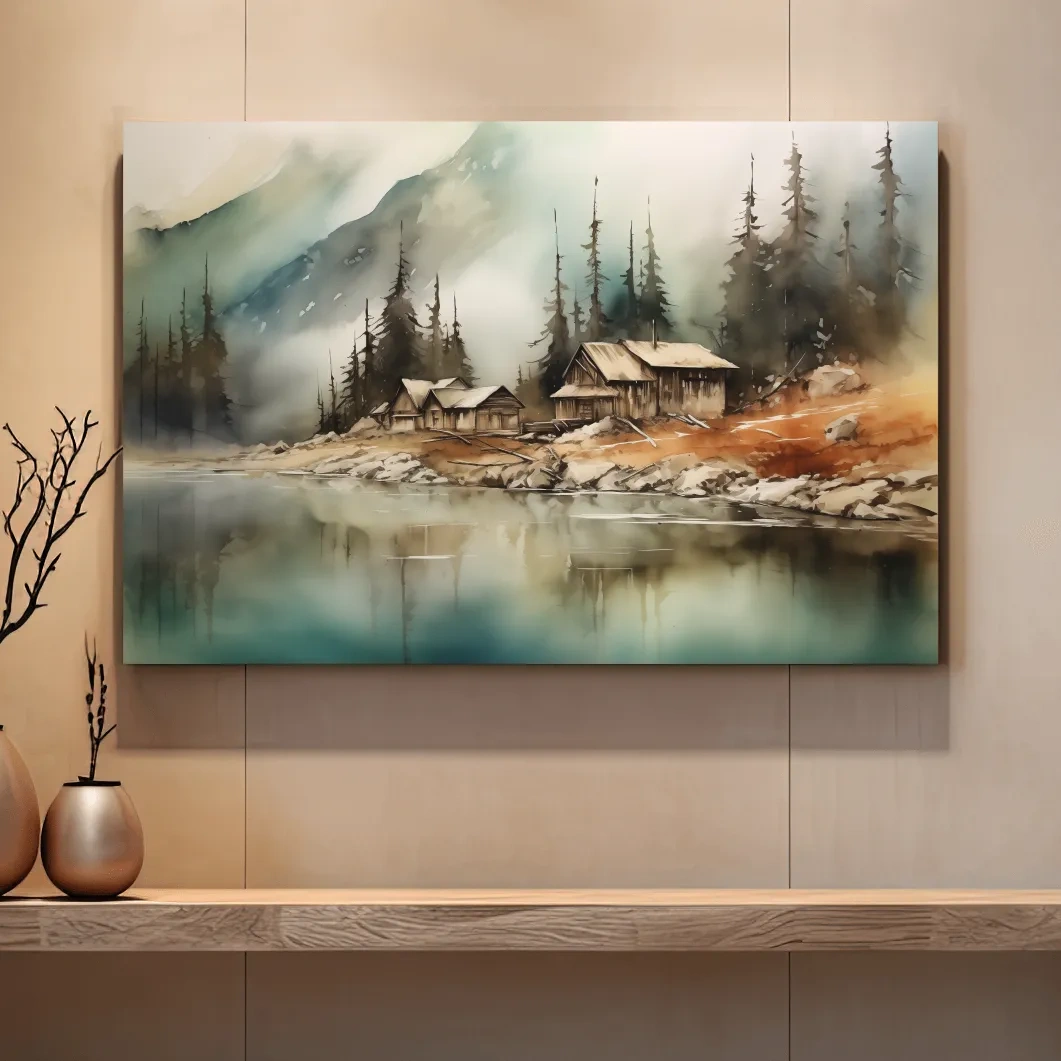 Rustic alpine mountain lake cabins, watercolor style landscape wall art