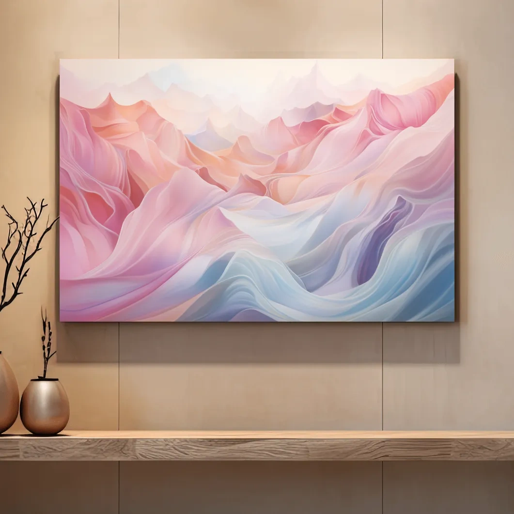 Soft pastel abstract mountain landscape artwork, flowing abstract waves in pink and blue tones