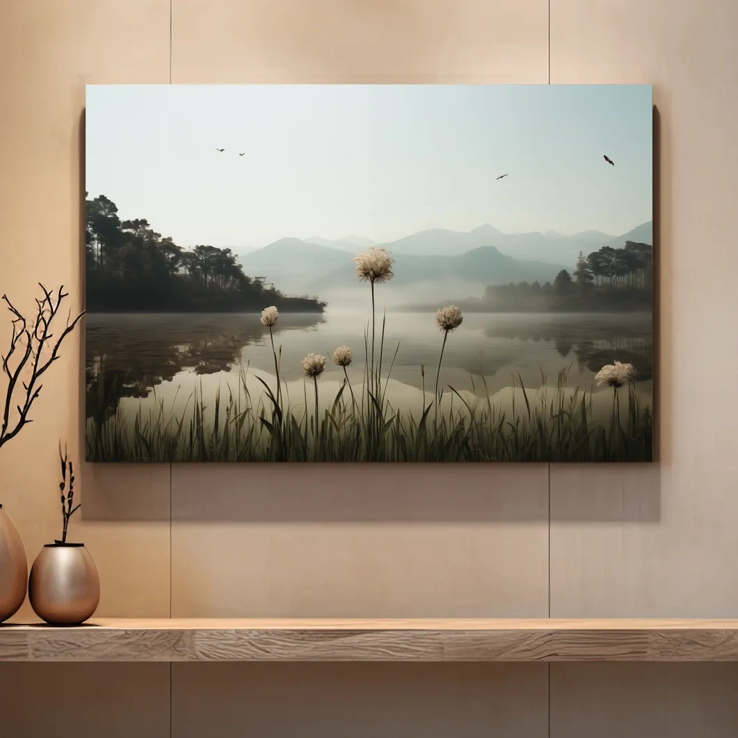 Photographic art painting of dandelions on the lake