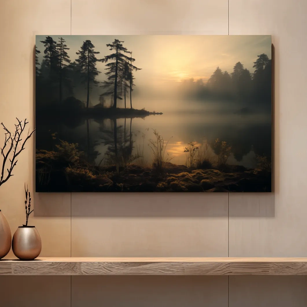 Photographic art of a misty lake at sunrise