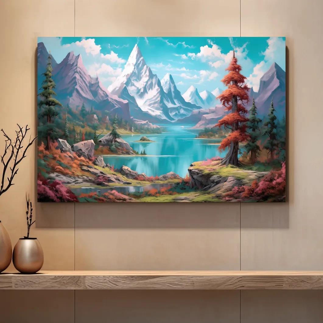 Painting of a surreal alpine mountain landscape