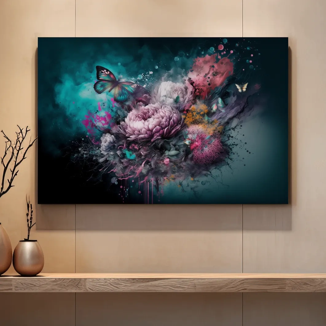 Fantasy floral explosion artwork with butterflies, vibrant abstract wall art
