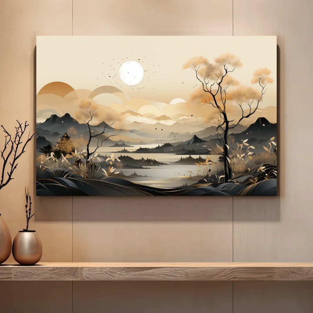 Japandi Misty Mountain Lake Landscape - Boho Wall Artwork