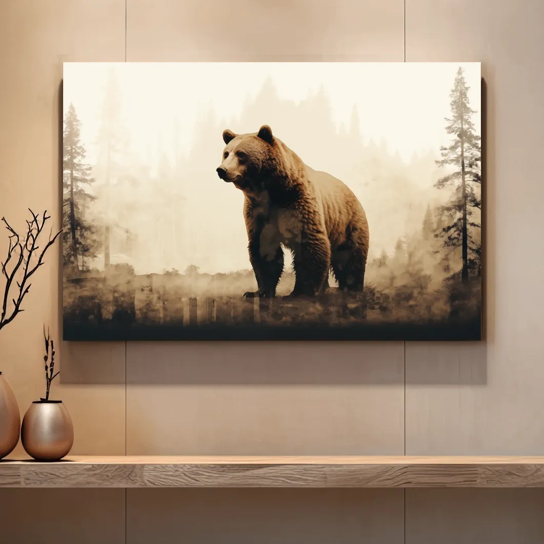 Grizzly bear in the forest, double exposure sepia photography artwork