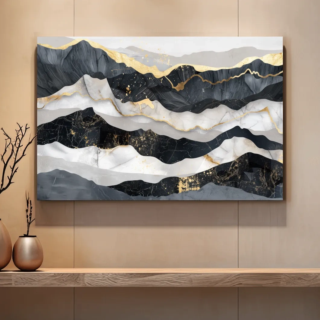 Abstract elegant artwork, layered mountain ridgelines, gold leaf style modern wall art