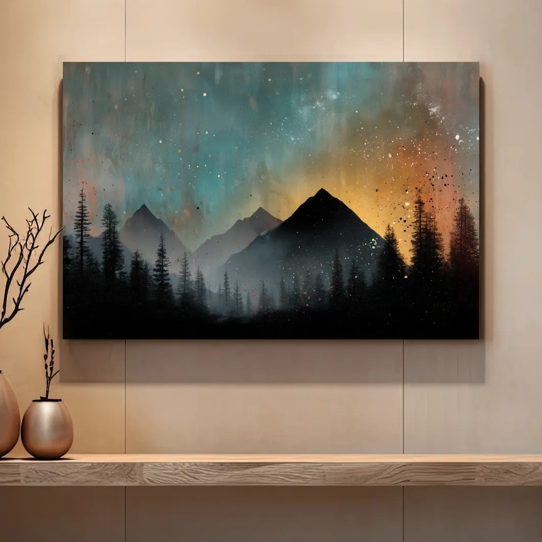 Moody Mountain Sunset Silhouette - Abstract Pine Forest Wall Art