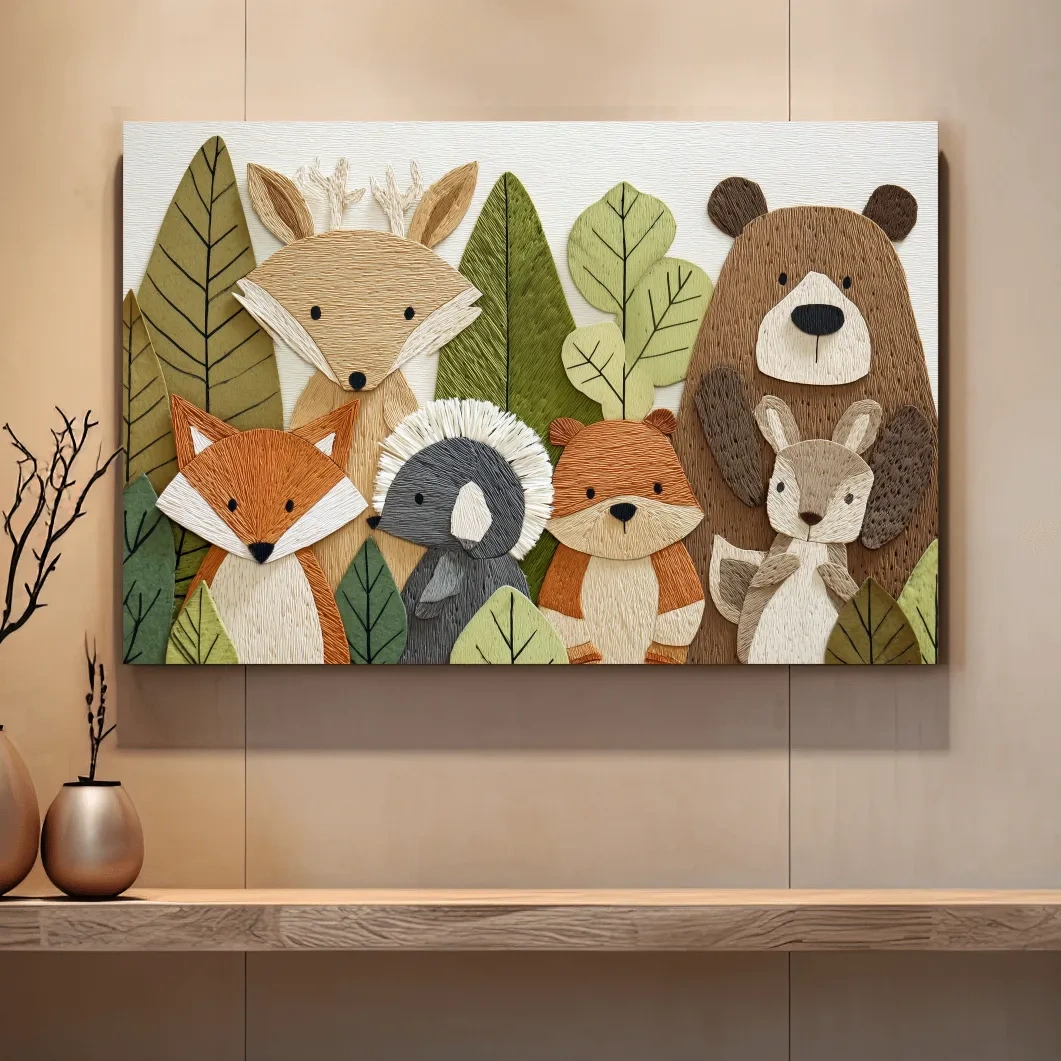 Woodland animal nursery decor, cute forest animal wall art in textured embroidery style