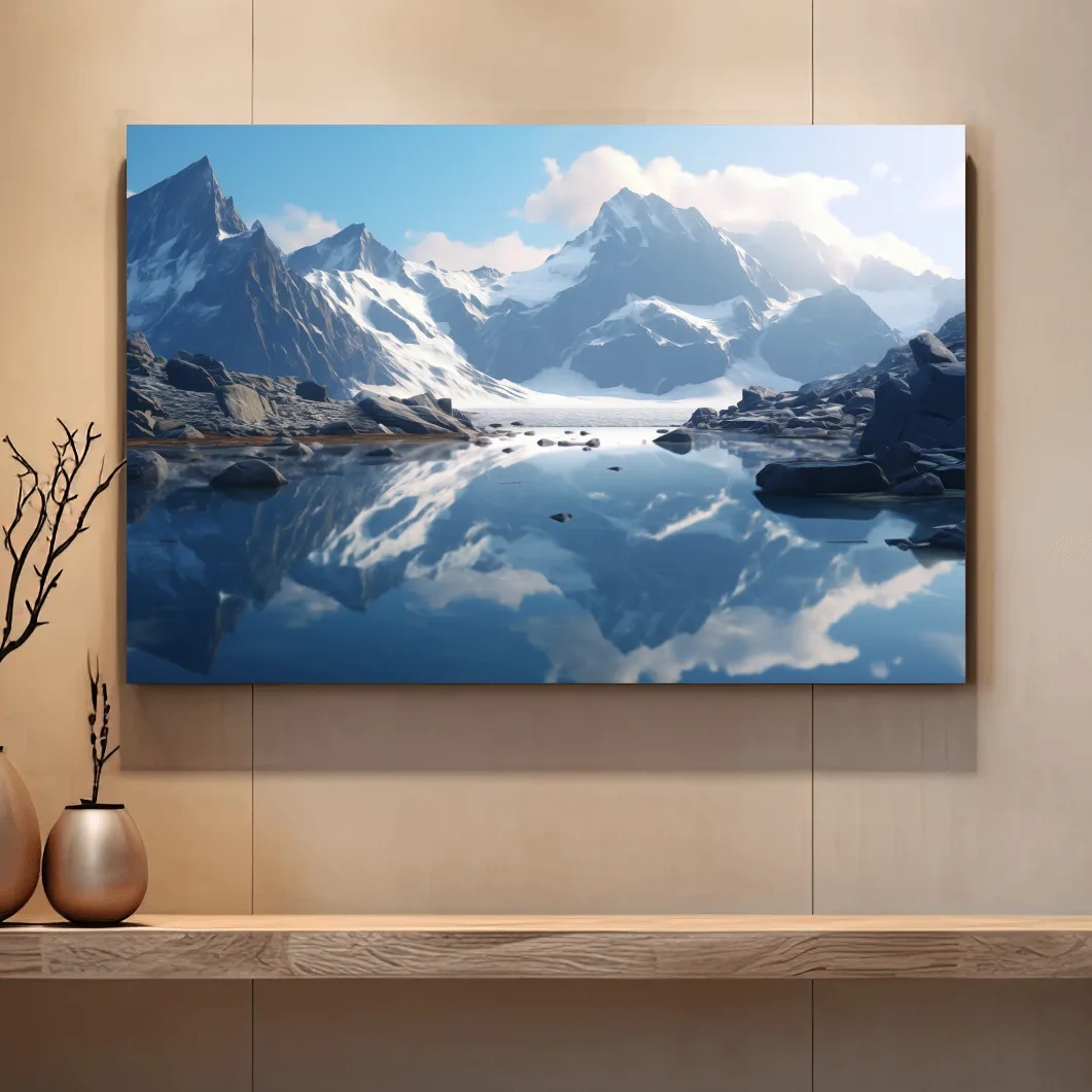 Majestic Snowcapped Mountain Lake Artwork - Serene Alpine Photography Wall Art