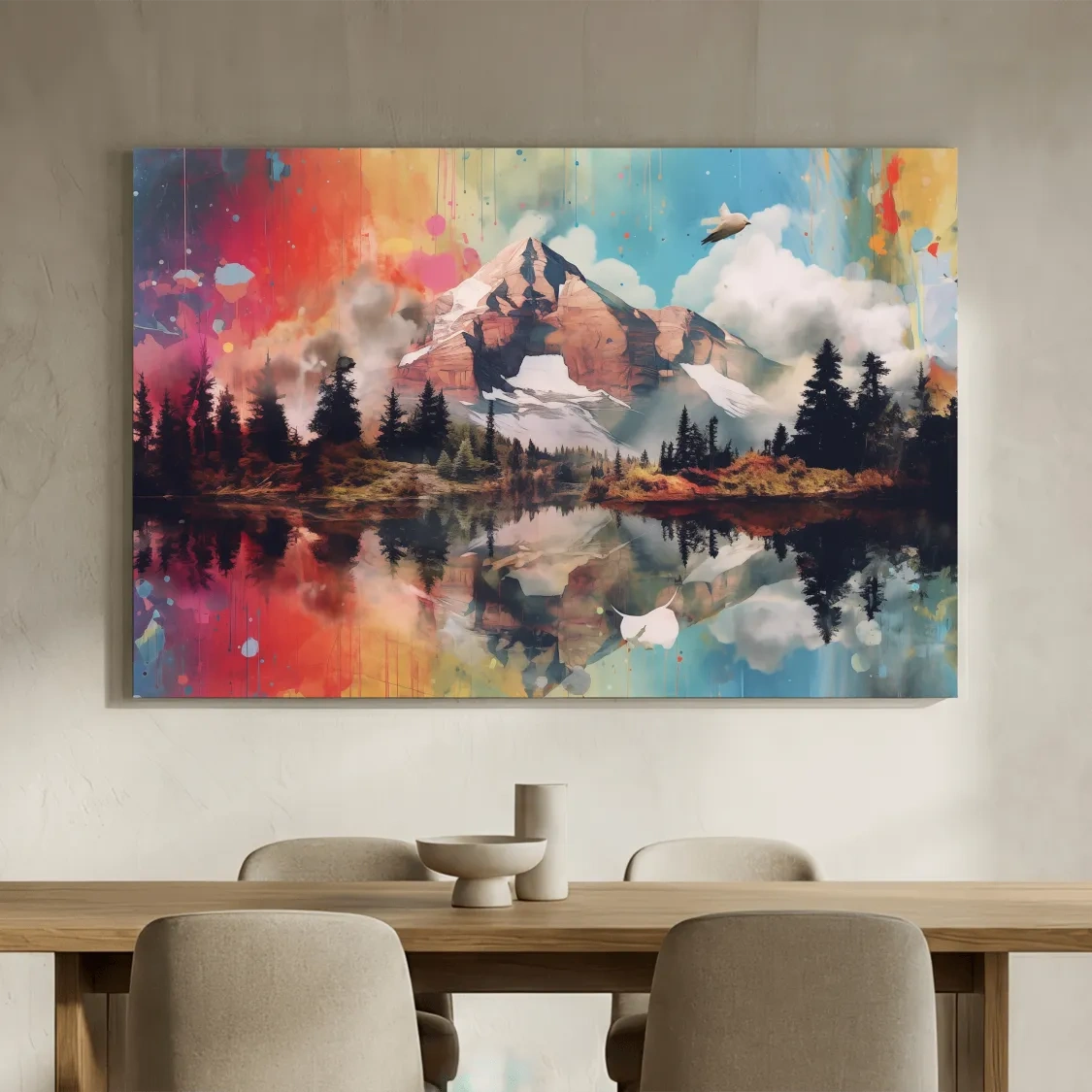 Vibrant Abstract Mountain Lake Painting - Colorful Landscape Wall Art