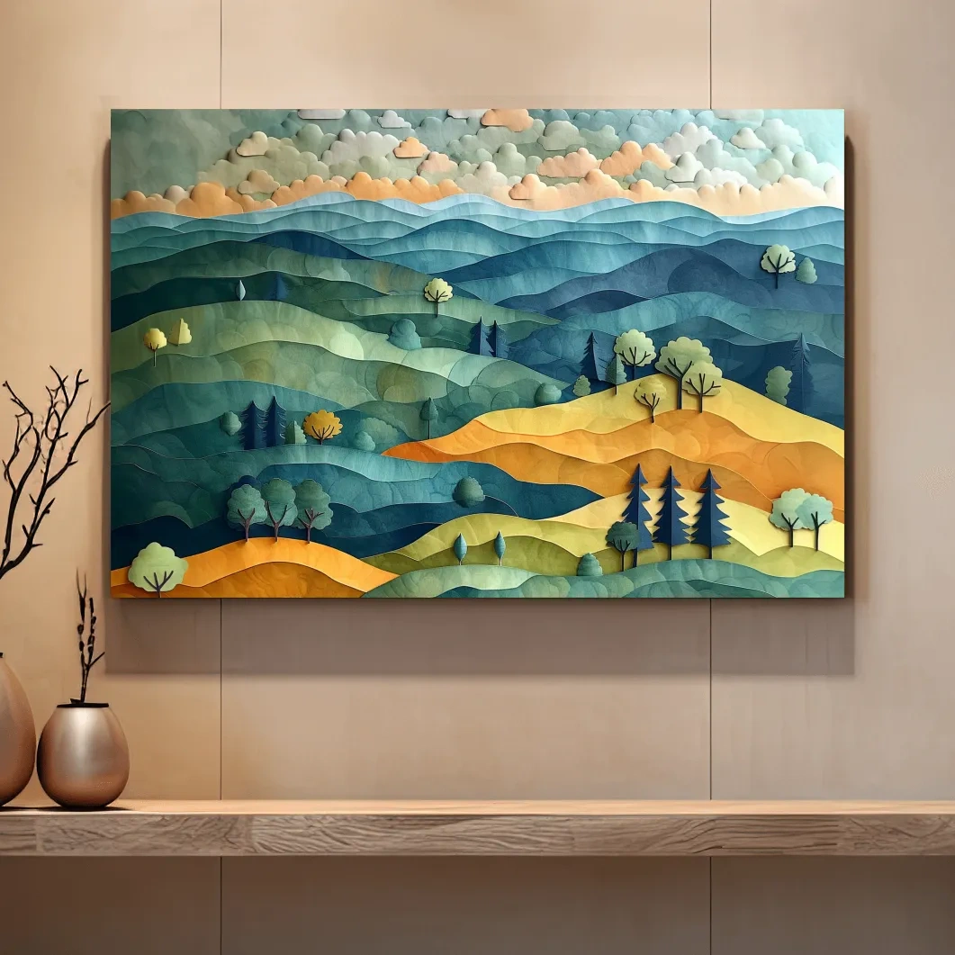 Colorful rolling hills and trees artwork, layered paper cutout effect