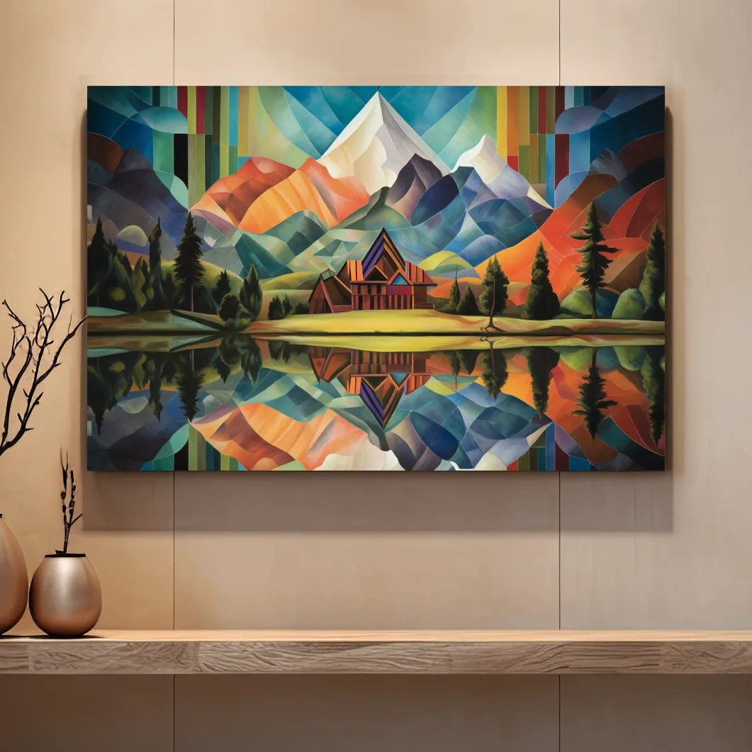 Abstract oil painting of a cabin by a lake, mountain scenery