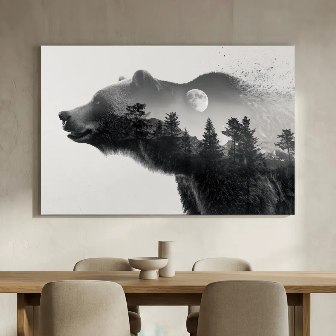 Black And White Grizzly Bear Double Exposure - Moonlit Pine Forest Mountain Wall Art