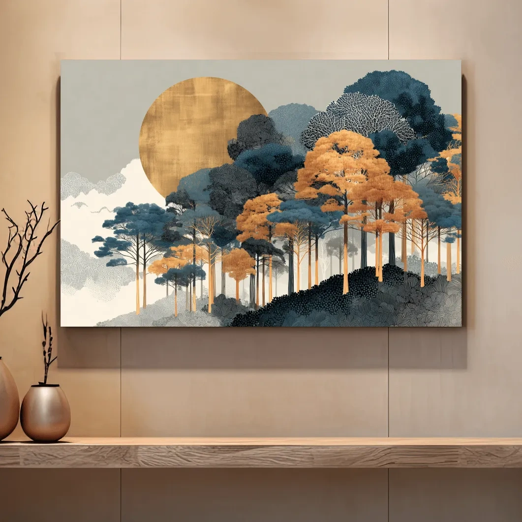 Modern Chic Golden Sun Over Autumn Forest - Elegant Boho Landscape Wall Art