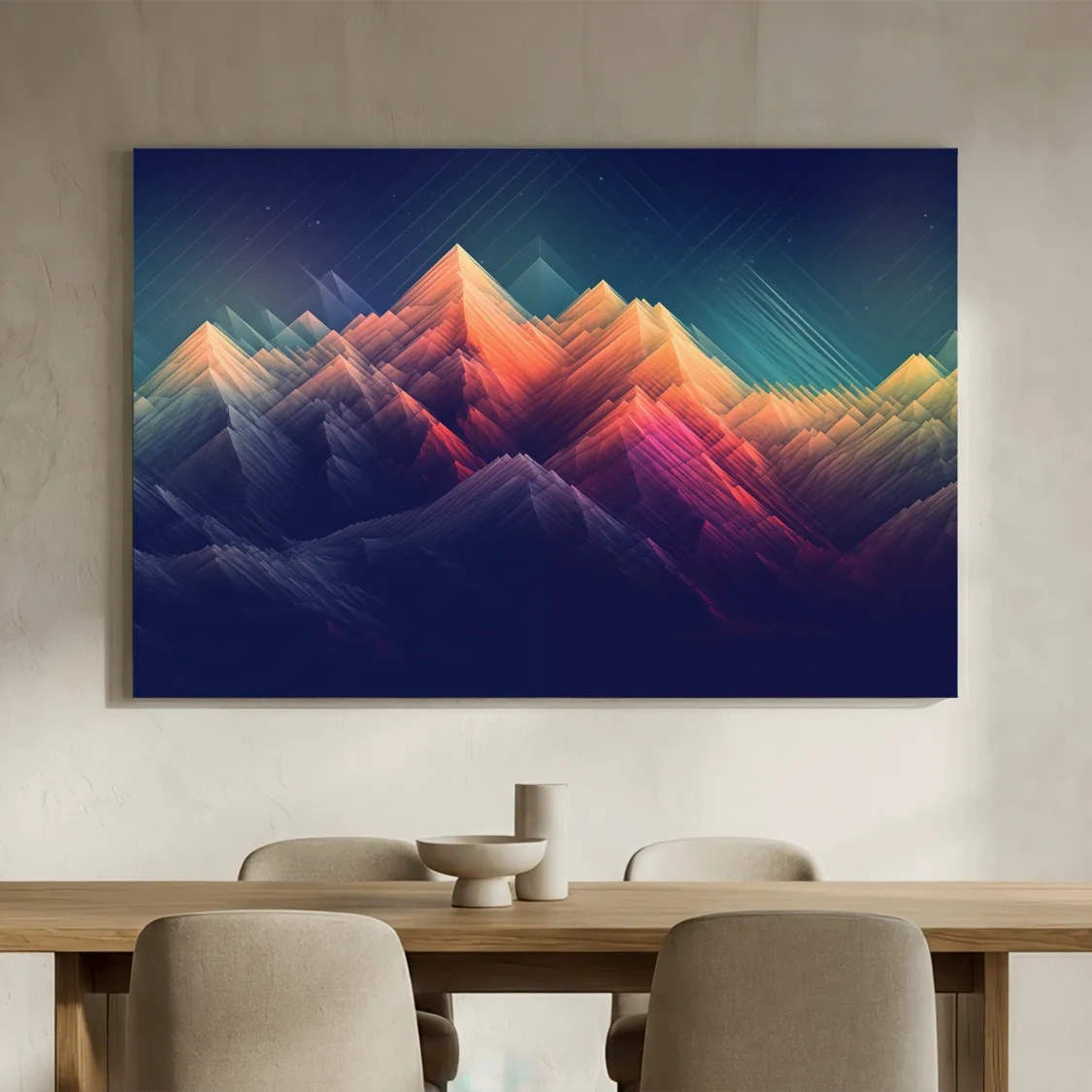 Vibrant Geometric Neon Mountain Peaks - Abstract Alpine Wall Art