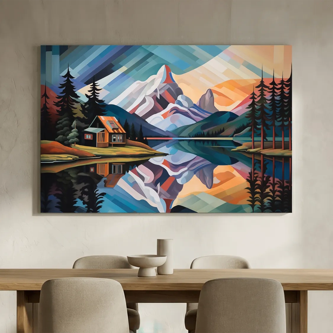 Mountain Cabin by the Lake Canvas Print - Abstract Oil Painting Sunset Wall Art