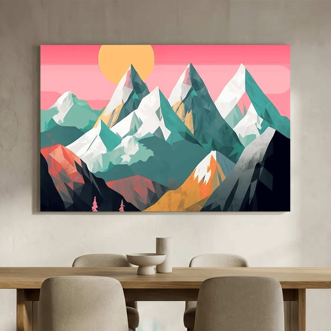 Alpine Mountains Sunrise Illustration - Colorful Landscape Wall Art