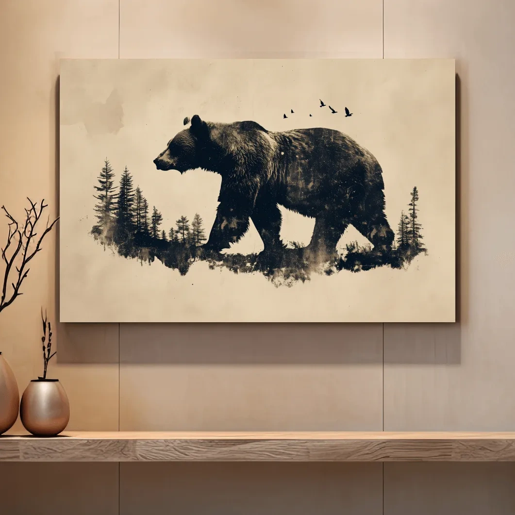 Vintage Grizzly Bear Forest Silhouette - Rustic Wildlife Wall Art