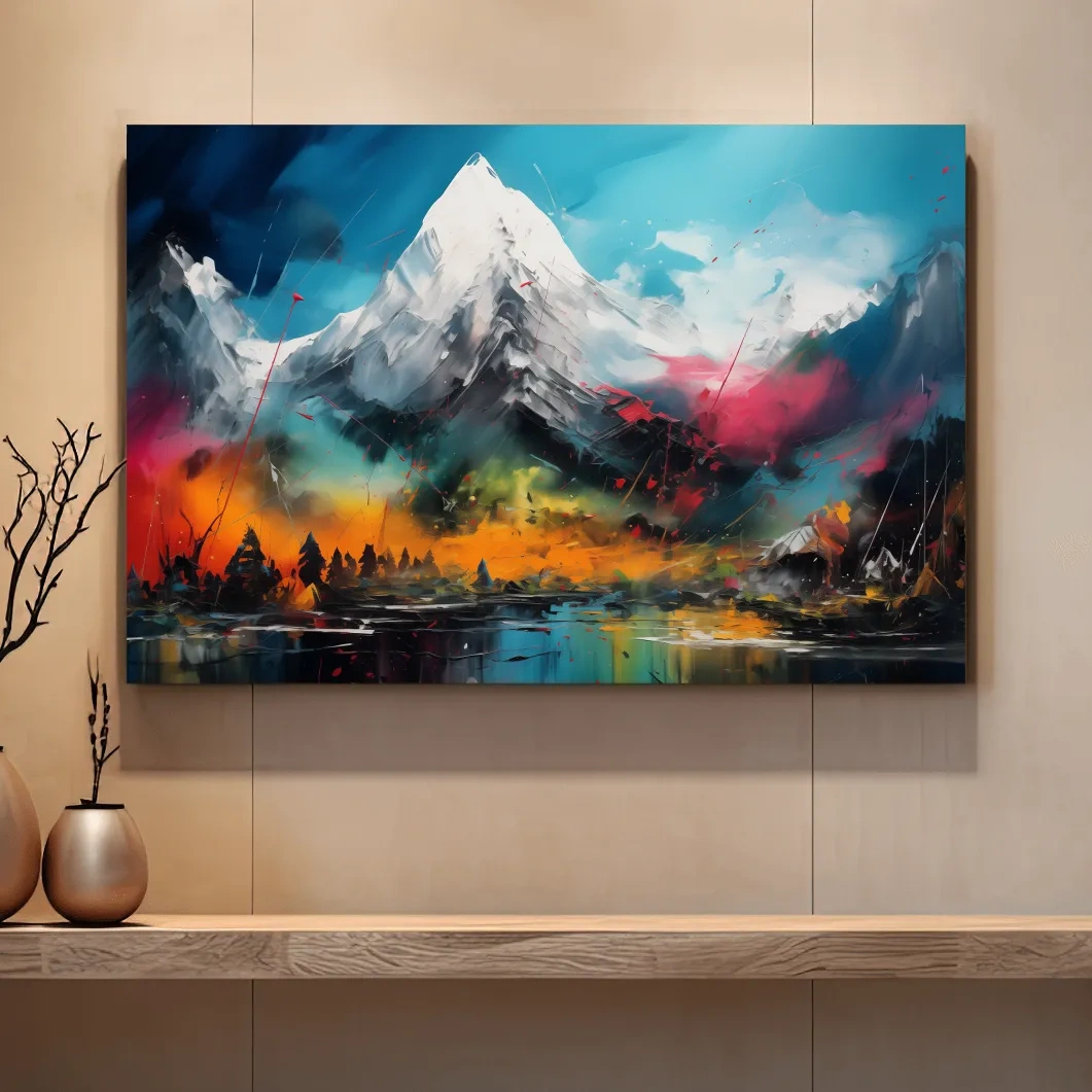 Vibrant Abstract Alpine Mountain Peaks - Colorful Impasto Painting Style Wall Art