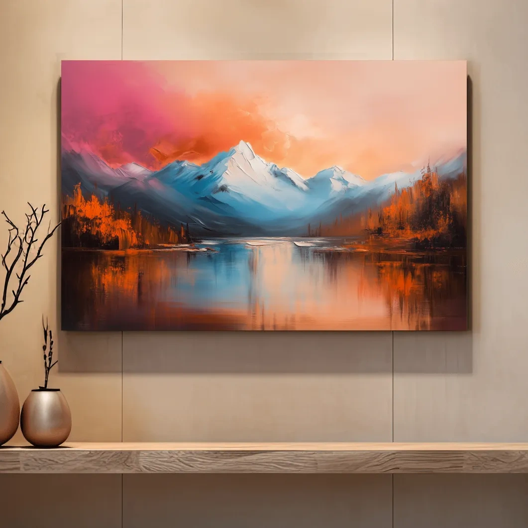 Textured Sunset Mountain Lake Painting - Serene Abstract Landscape Wall Art