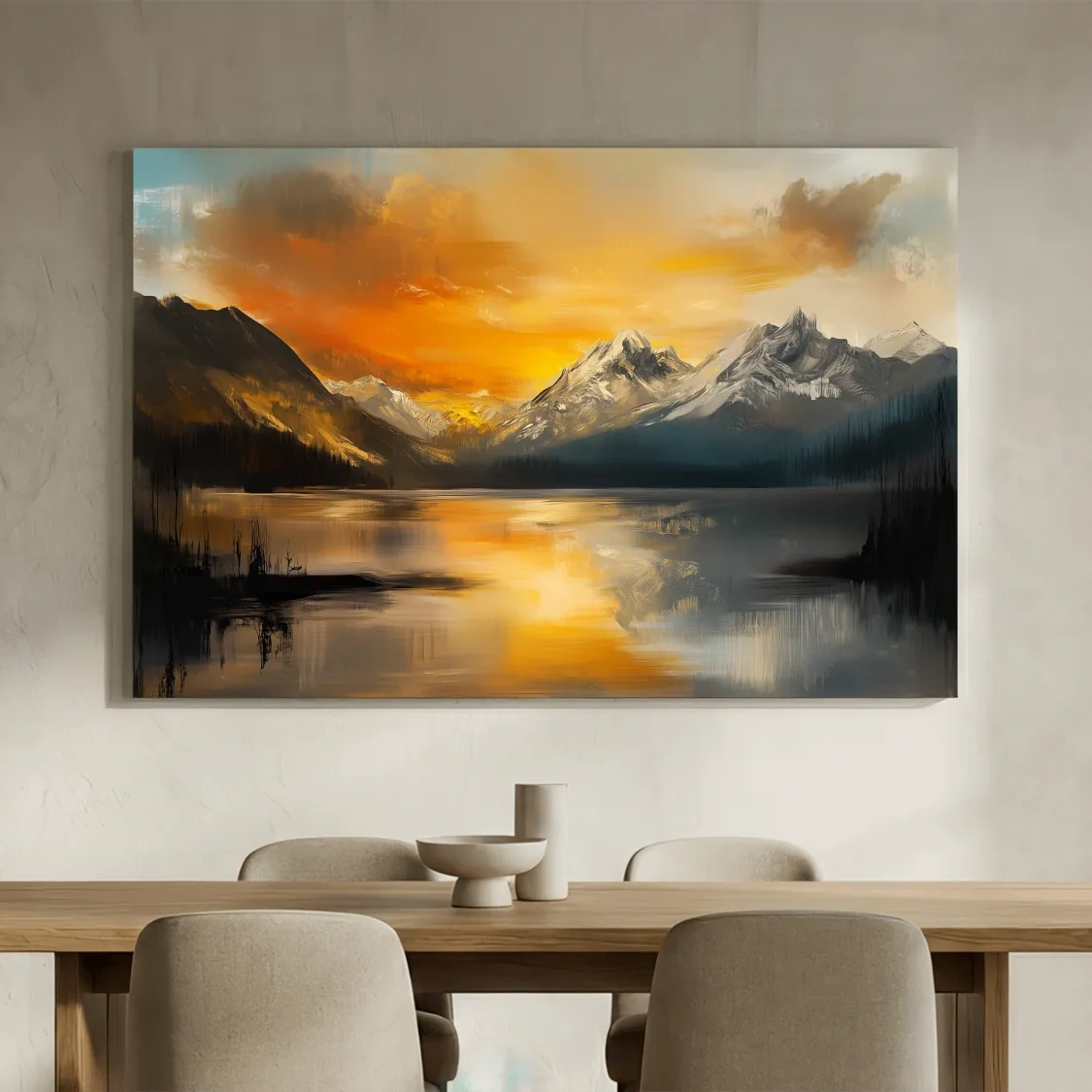 Moody Alpine Mountain Lake Sunset Painting - Oil Painting Style Wall Art