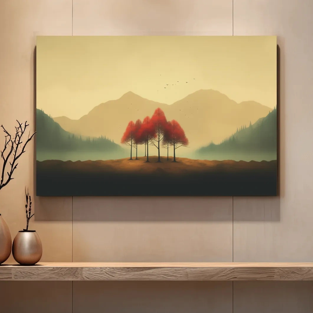 Minimalist Autumn Tree Grove Landscape - Misty Mountain Forest Wall Art
