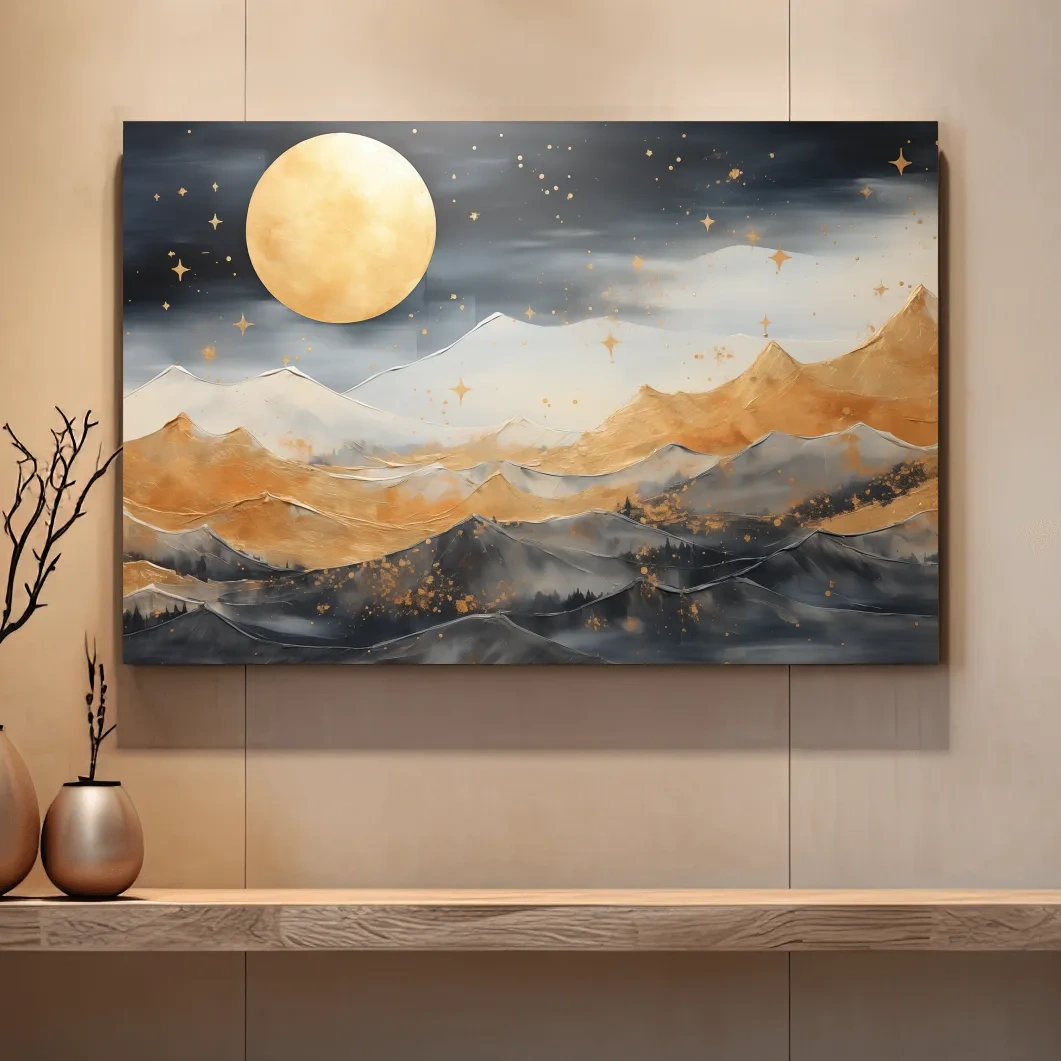 Golden Moonlit Abstract Mountain Landscape - Modern Metallic Watercolor Wall Art