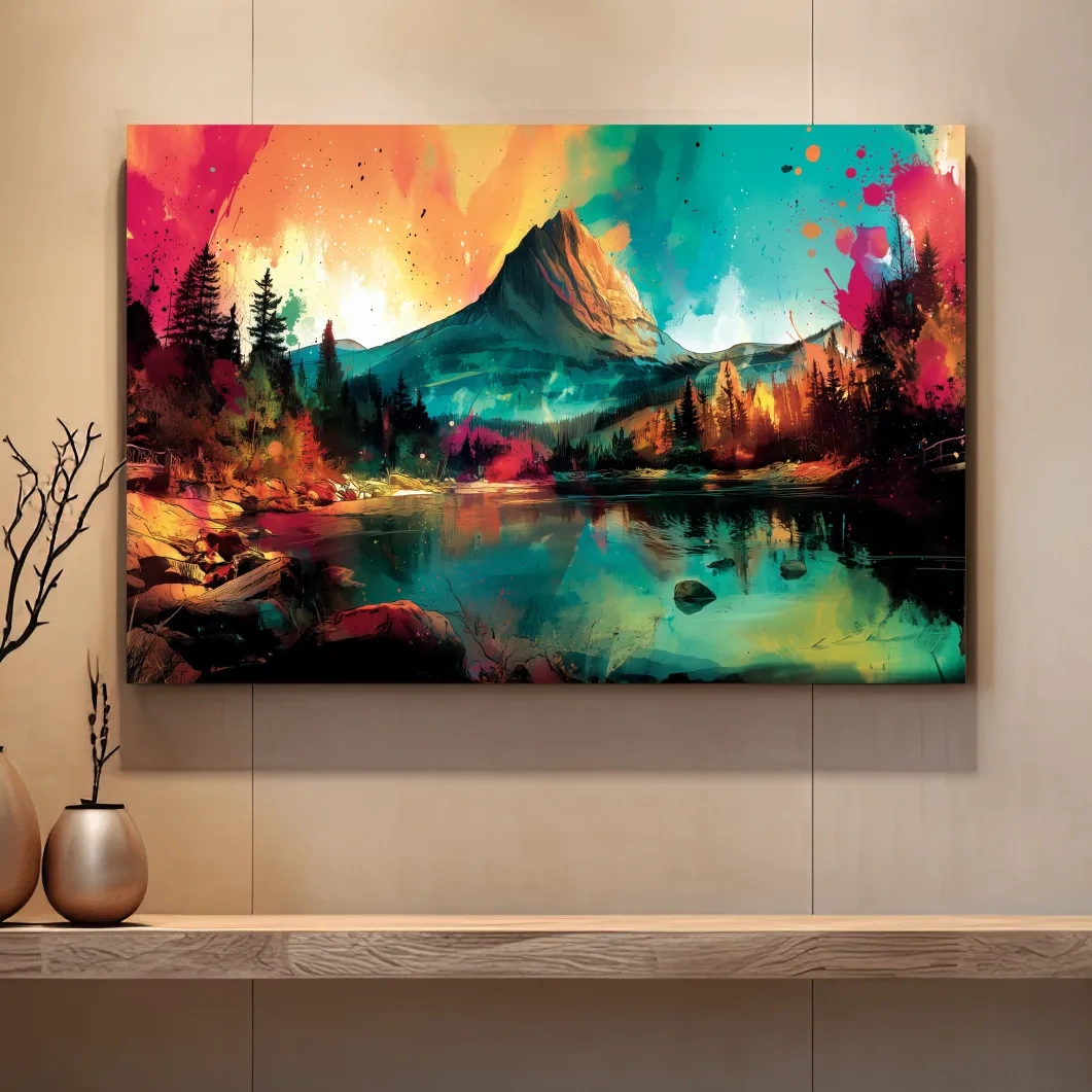 Vibrant Abstract Alpine Mountain Sunrise - Colorful Watercolor Style Artwork