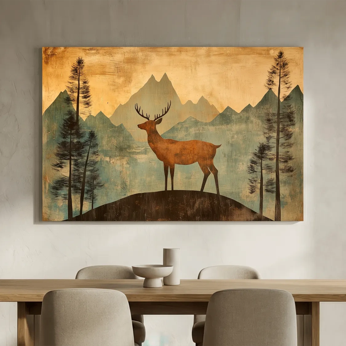 Rustic Deer Silhouette Mountain Landscape - Vintage Woodland Wall Art