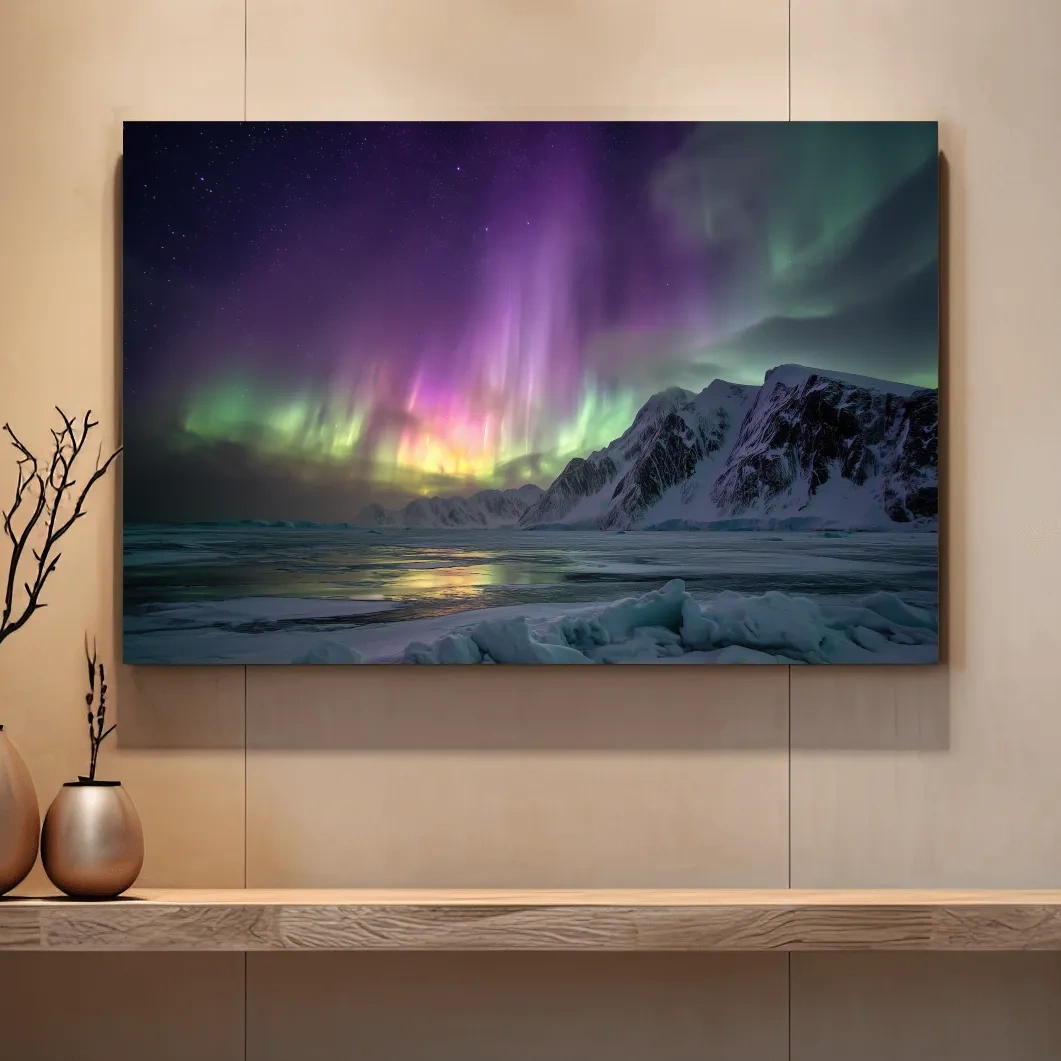 Vibrant Northern Lights Over Snowy Mountains - Aurora Borealis Photographic Night Sky Wall Art