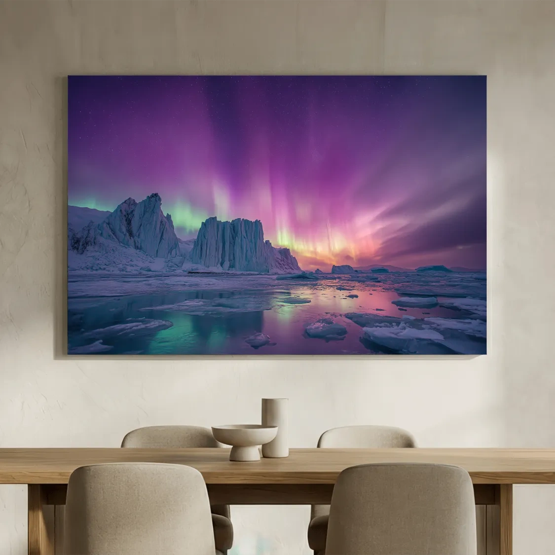 Vibrant Purple Northern Lights Over Arctic Icebergs - Aurora Borealis Landscape Wall Art