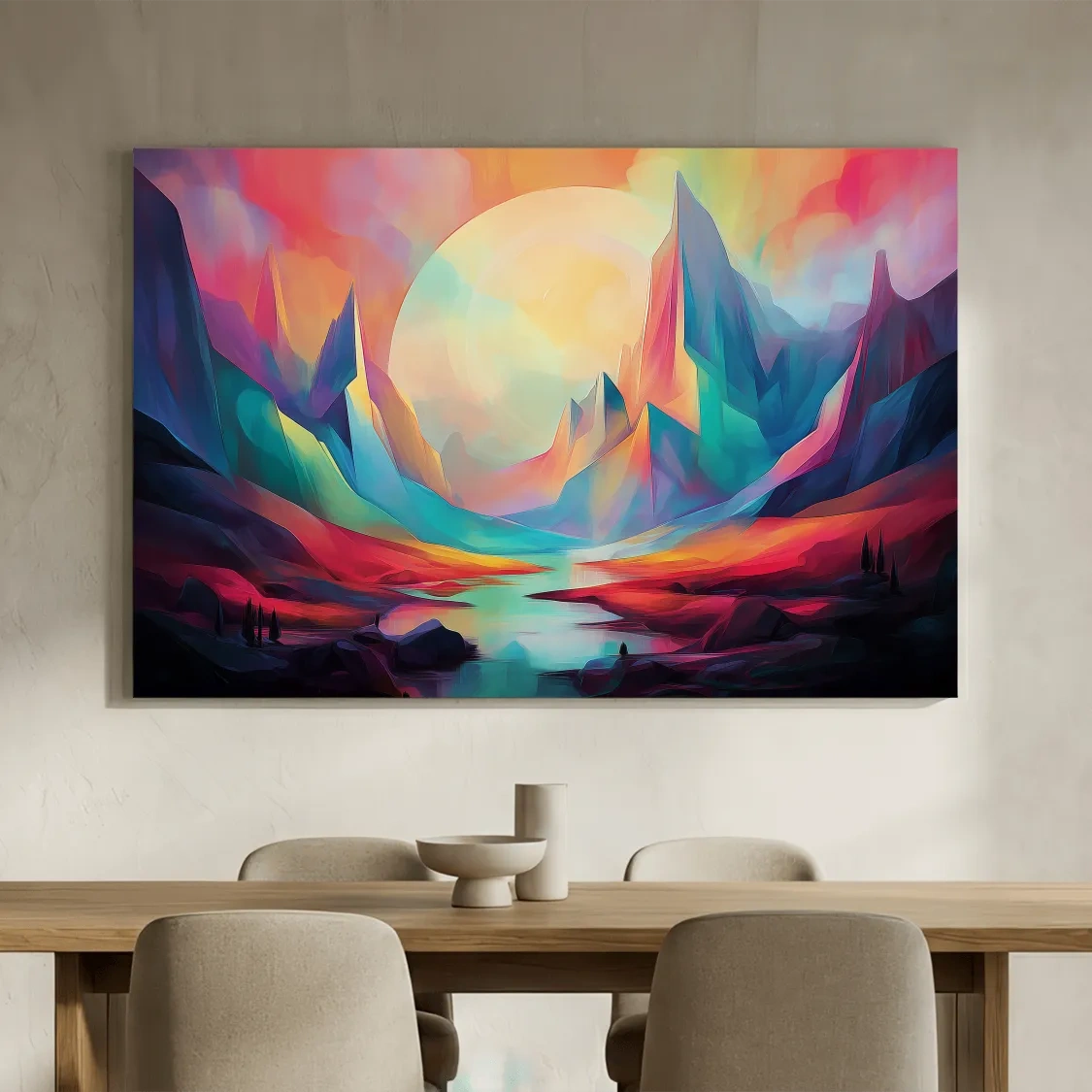 Vibrant Abstract Mountain Valley Sunset - Colorful Surreal Landscape Wall Art