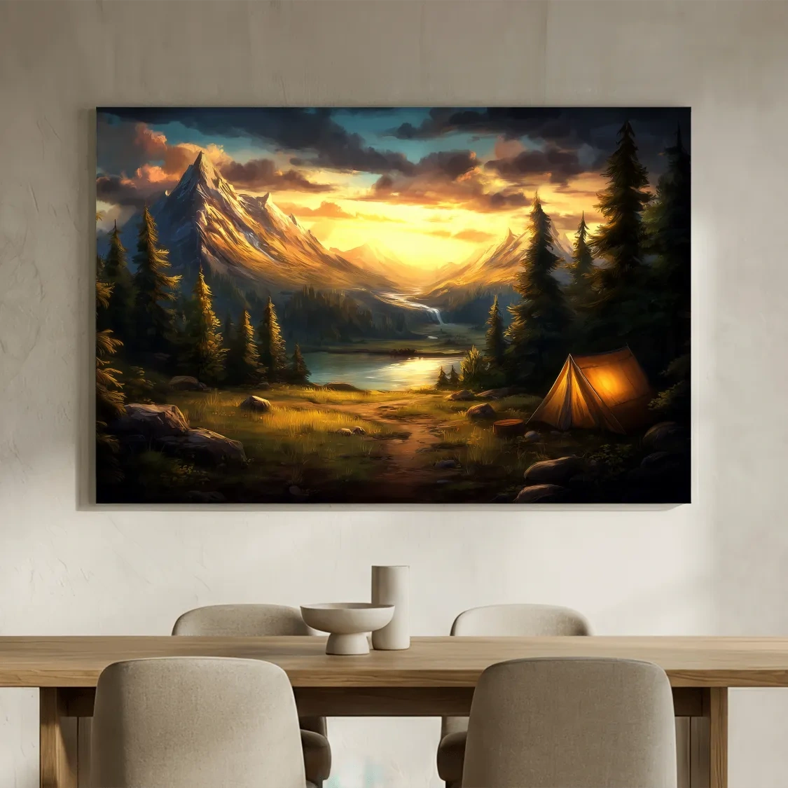 Golden Sunset Alpine Camping Scene Impressionist Painting - Scenic Mountain Wall Art