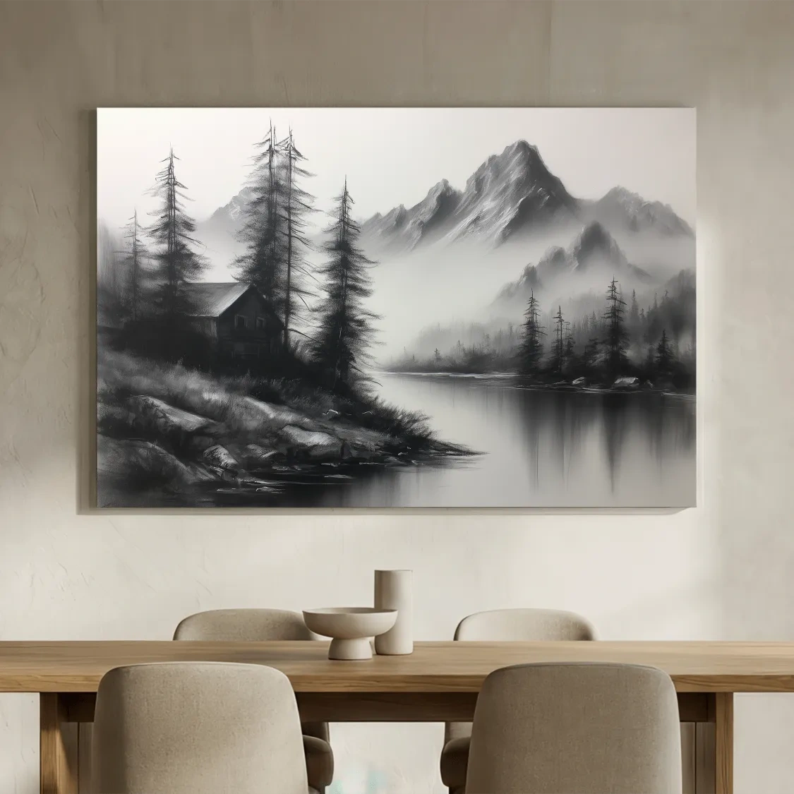 Moody Monochrome Alpine Lake Cabin - Charcoal Mountain Sketch Style Wall Art