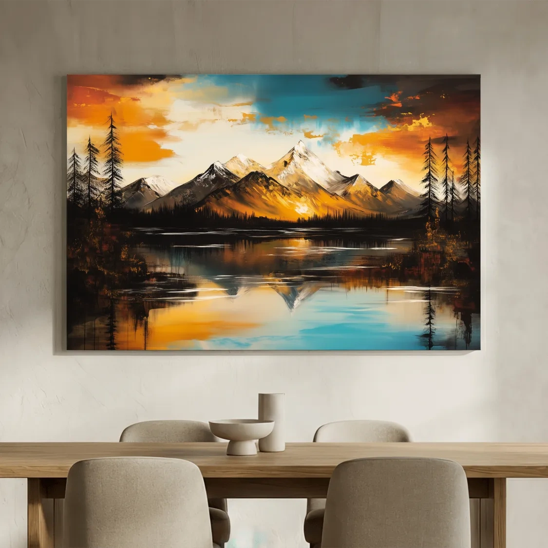 Alpine Mountain Sunset Oil Painting - Textured Abstract Landscape Wall Art